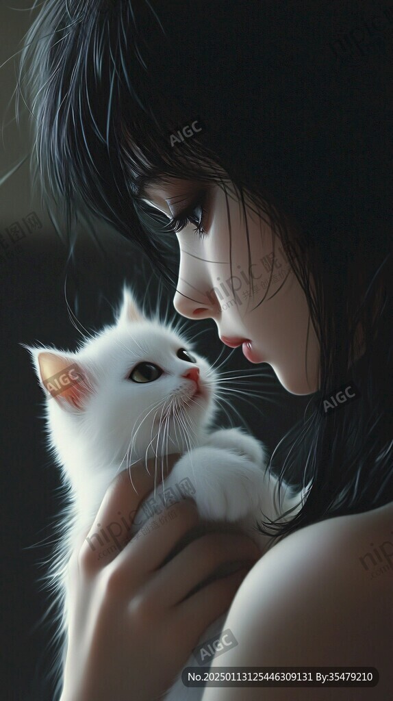 撸猫少女插画