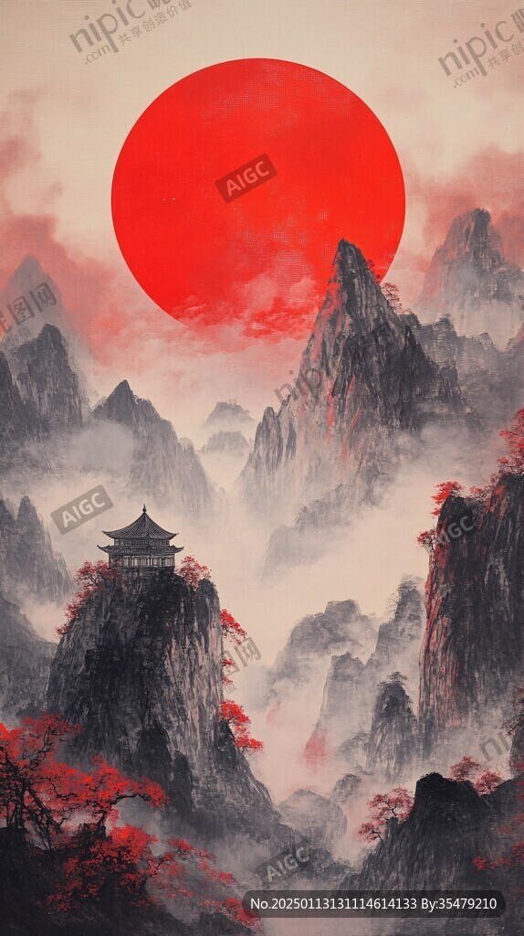 红日水墨山水