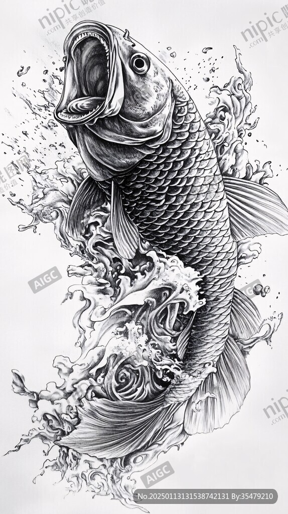 黑白手绘鲤鱼