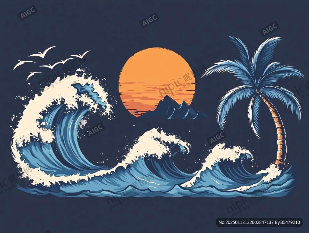 手绘海浪旭日东升