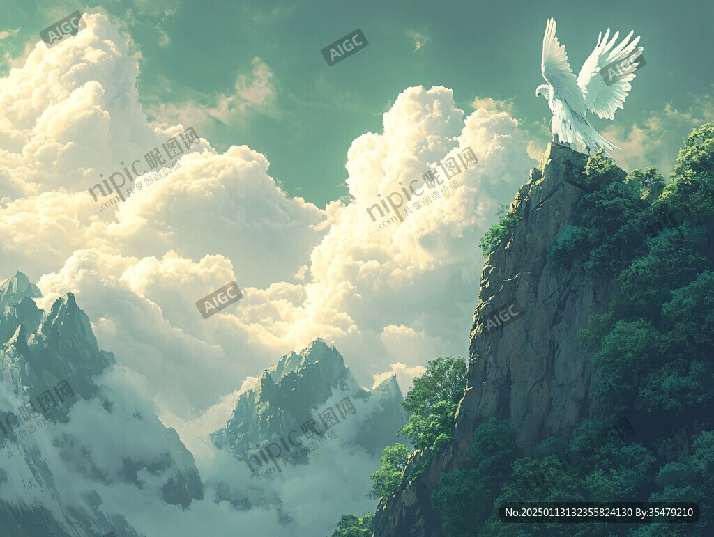 云雾飞鸟山峰