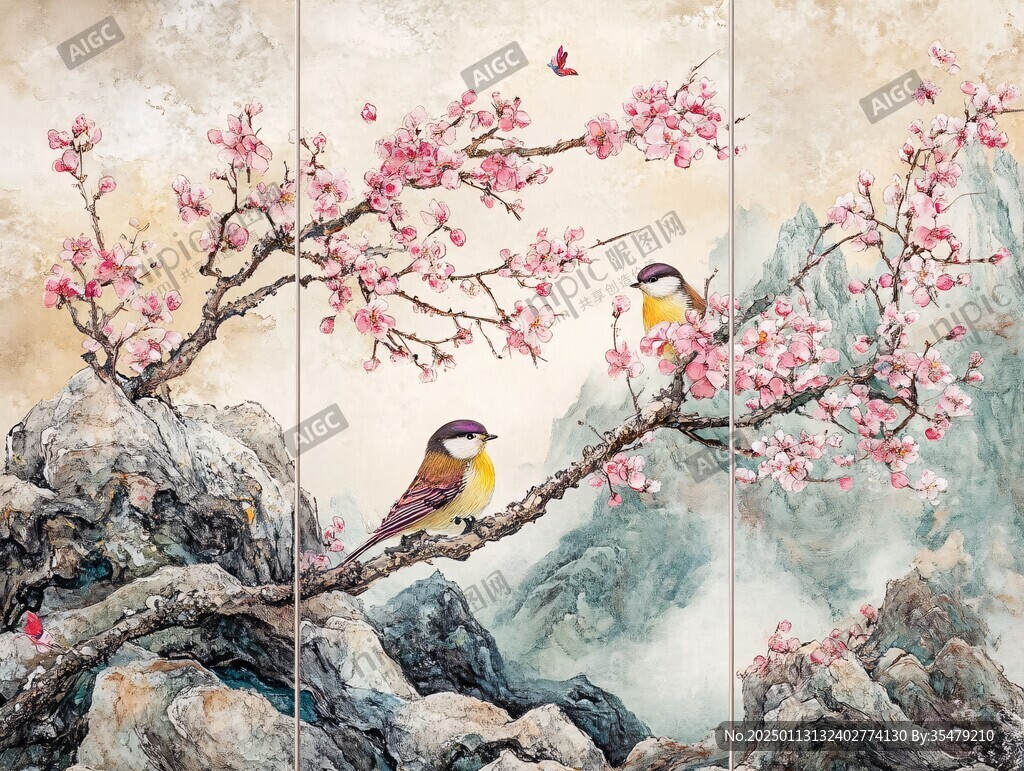 桃花花鸟壁画