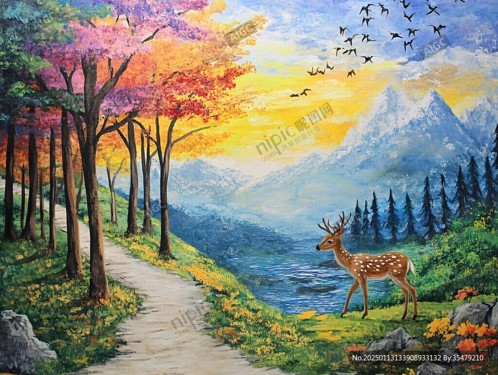 山峰山水画油画梅花鹿