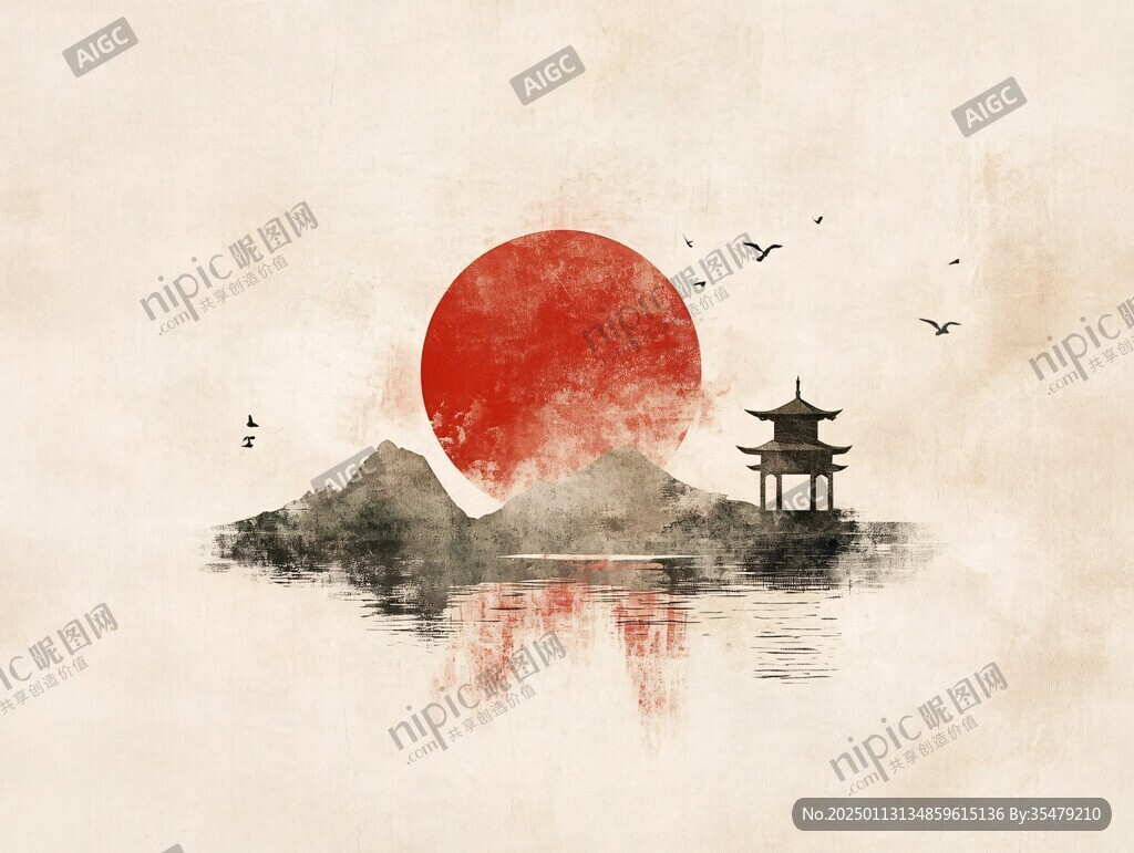 红日水墨山水