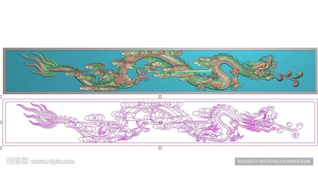 长方形单龙横板龙精雕图灰度图