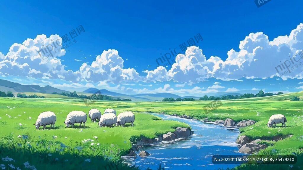 草原羊群插画