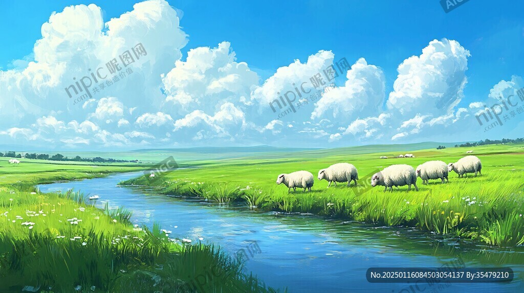 草原羊群插画