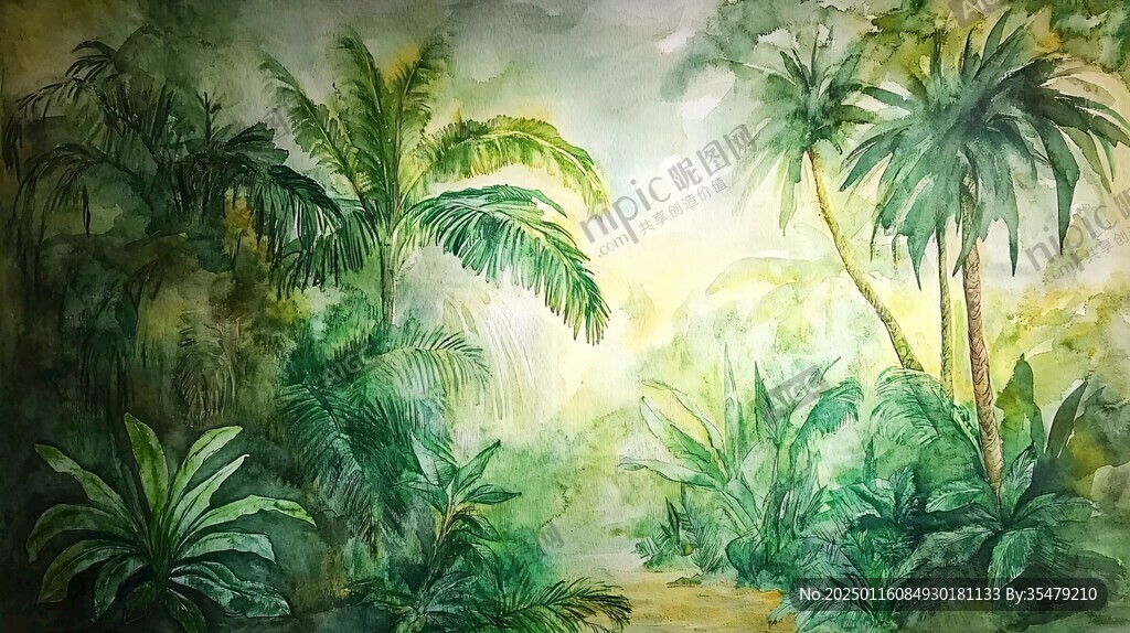 热带风景水彩画