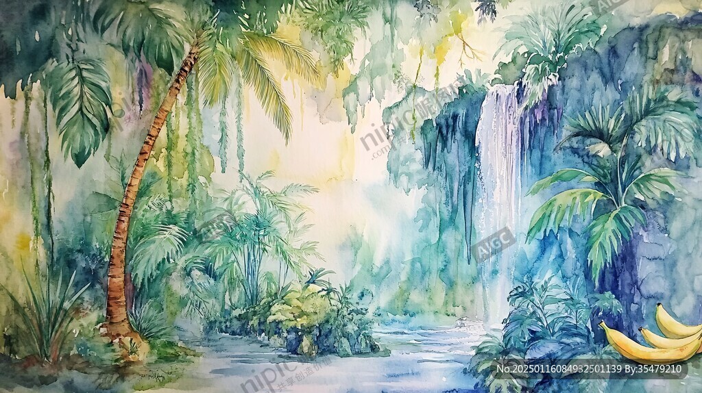 热带风景水彩画