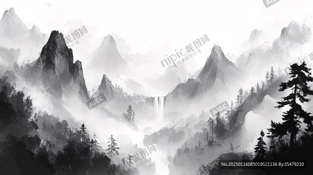 黑白意境山水画