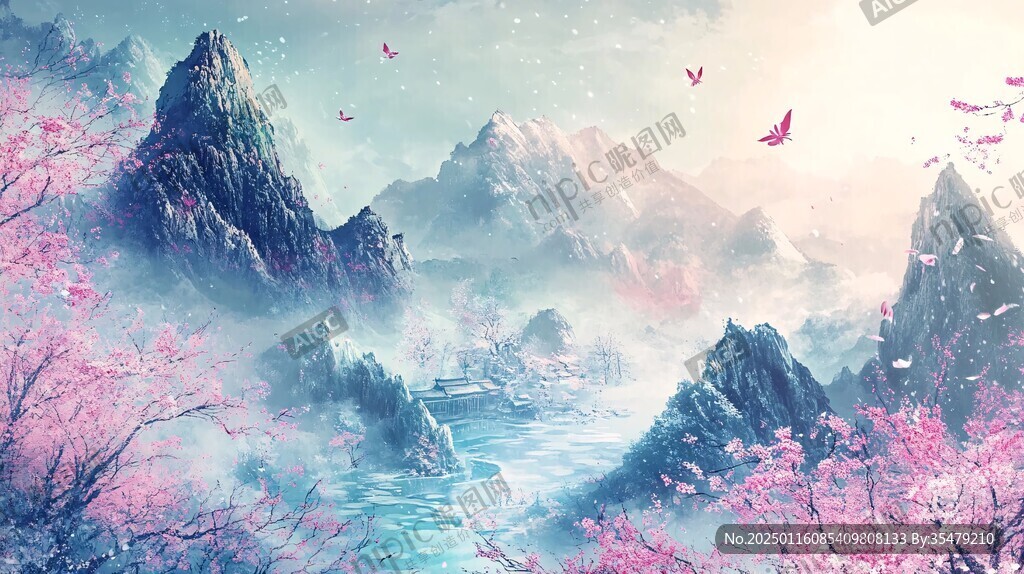 桃花源记古风山水插画