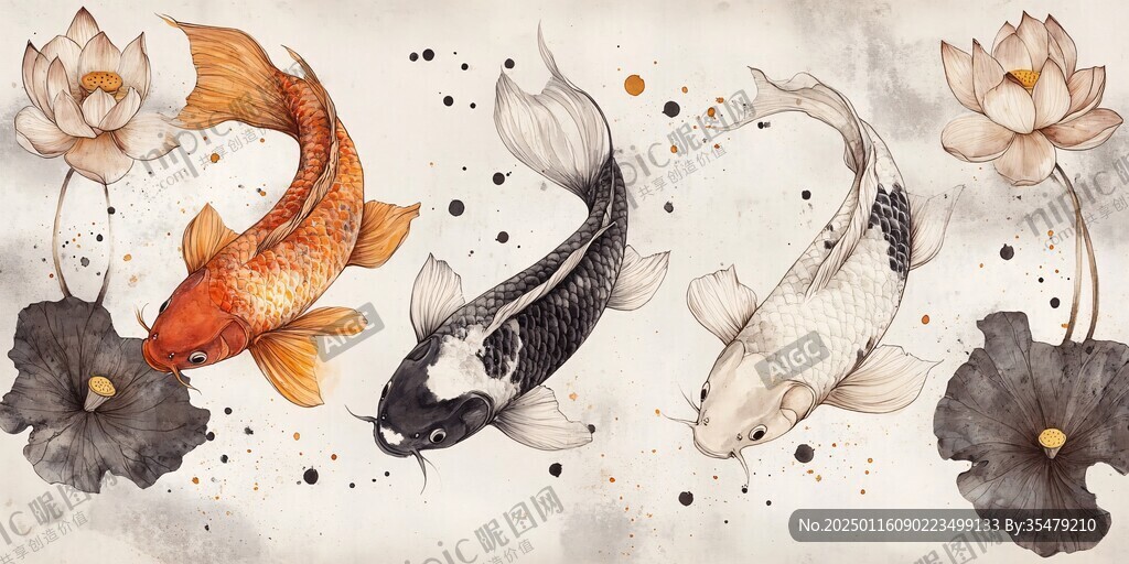 工笔荷花锦鲤
