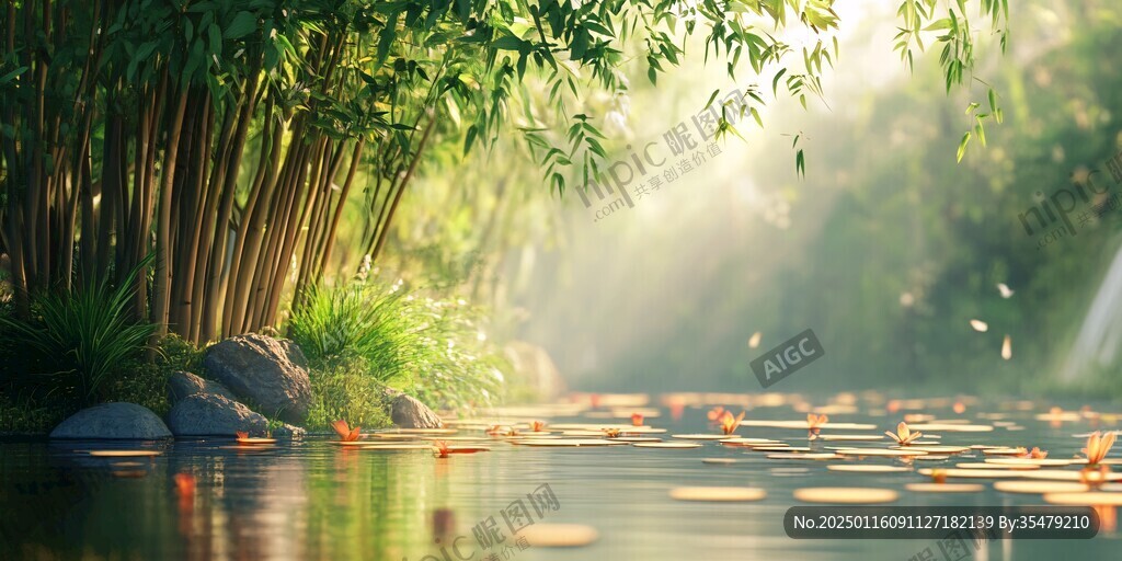 竹林河流山水