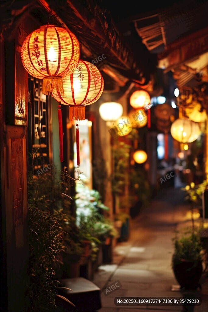 古镇夜景复古灯笼