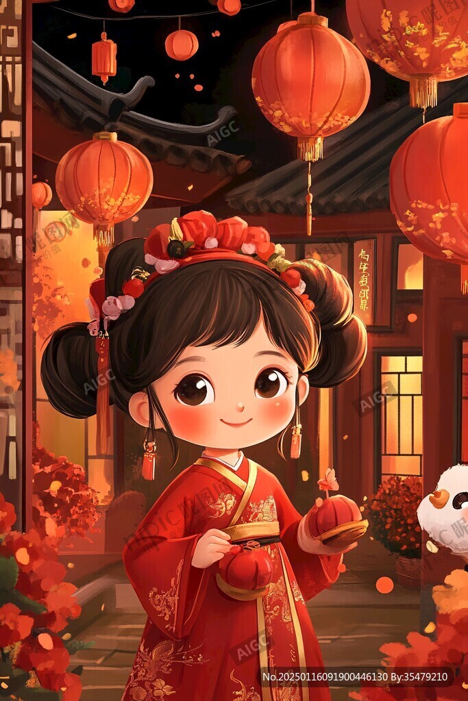 古风汉服q版女孩过年