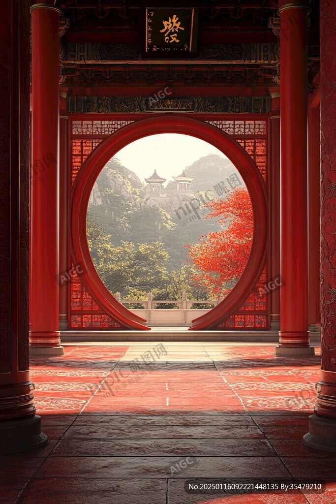 中式红色大门圆拱门