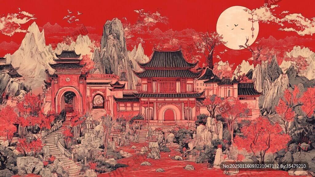 横店地标建筑山水画