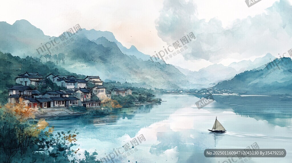横店水彩水墨山水
