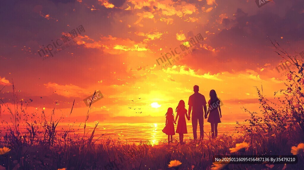 夕阳下一家人
