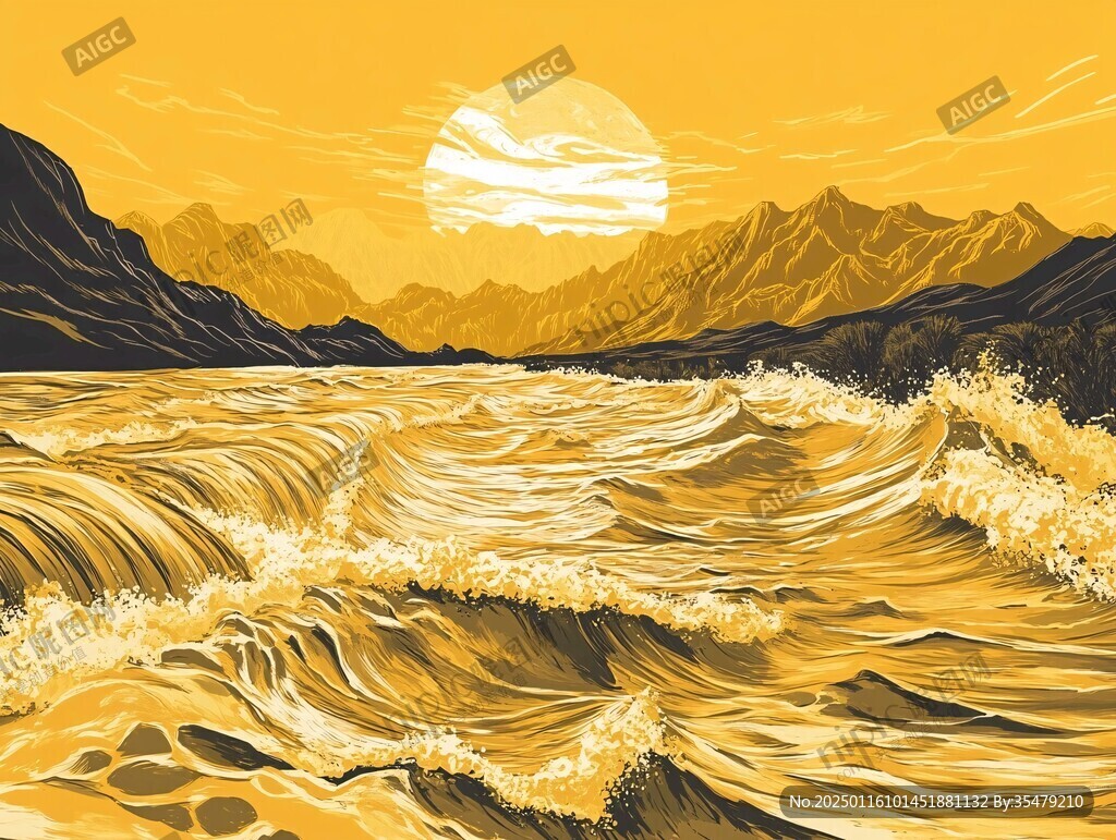 手绘海浪旭日东升