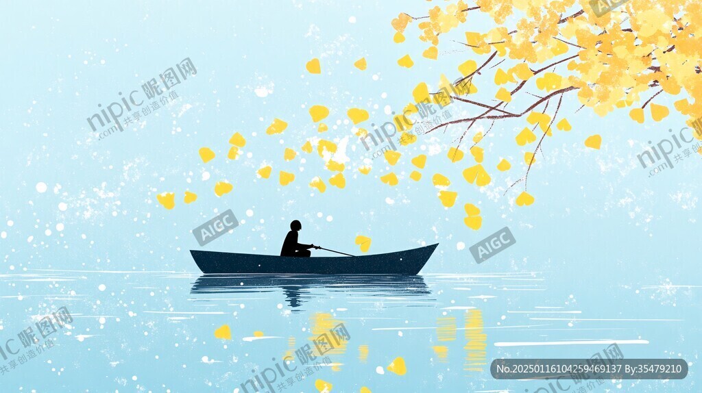 秋季河流森林小船