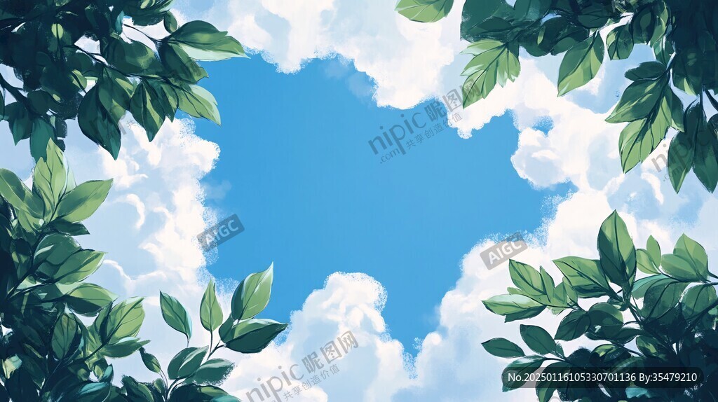 蓝天白云绿叶背景
