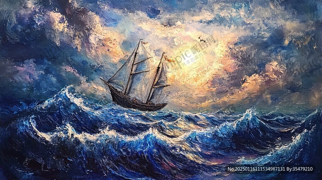 扬帆踏浪油画