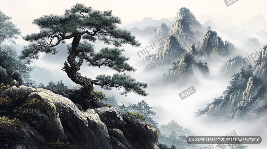 迎客松松树禅意山水