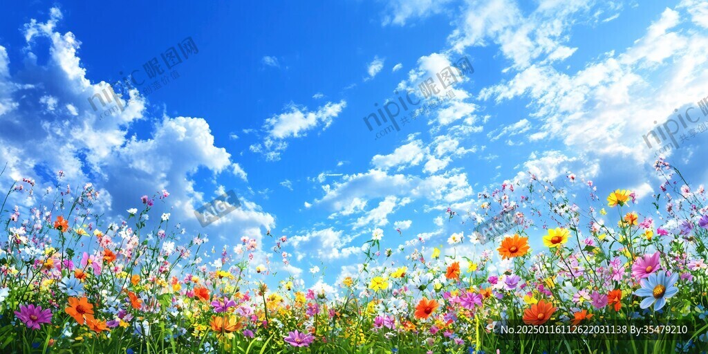 花丛蓝天白云背景