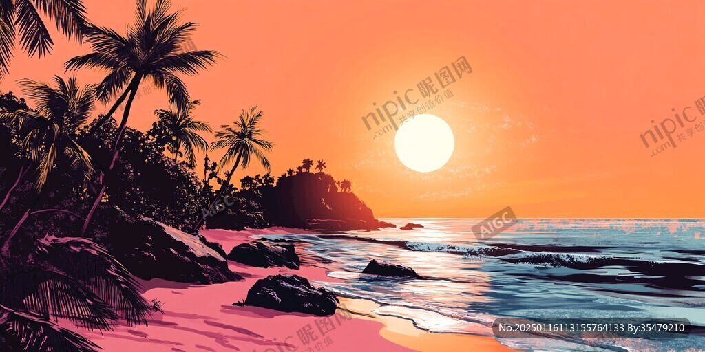 海边落日插画