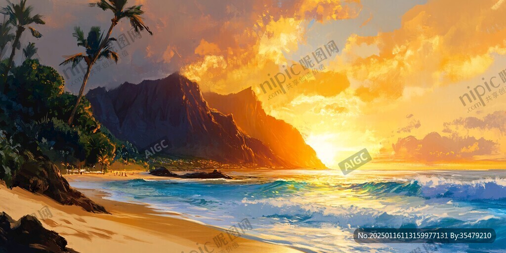 唯美海岸风景插画