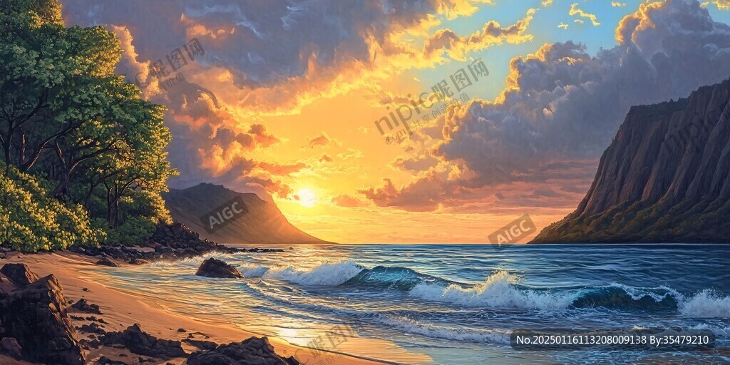 海边日落油画