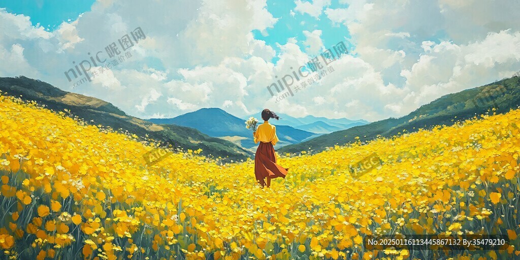 走在花海里的女生