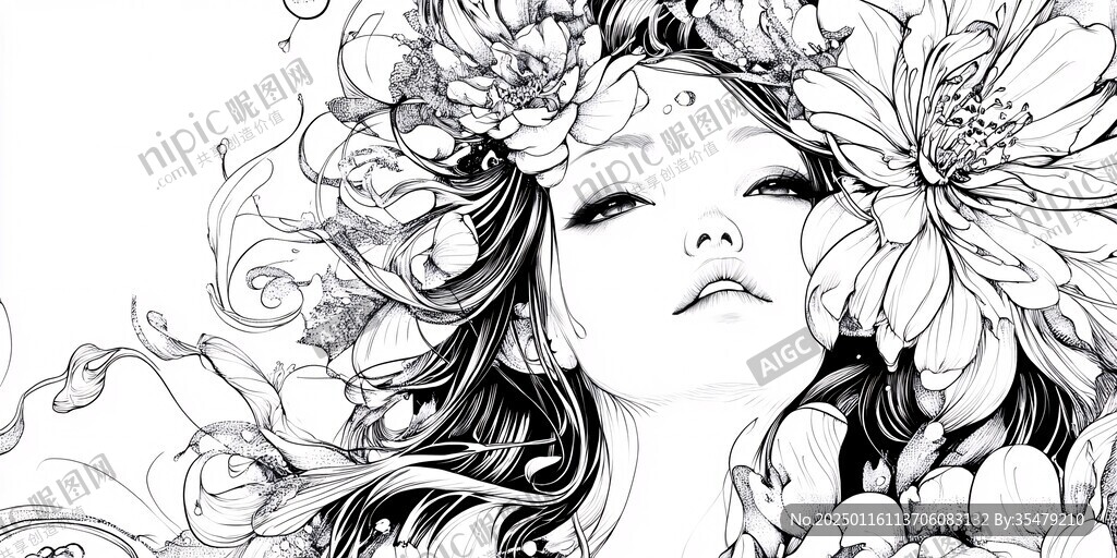 鲜花与少女线稿