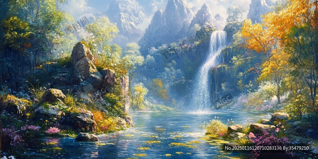 山水风景油画瀑布