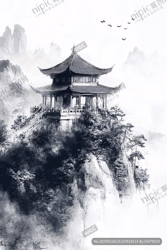 楼阁山水意境画