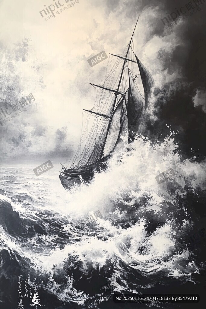 扬帆踏浪油画
