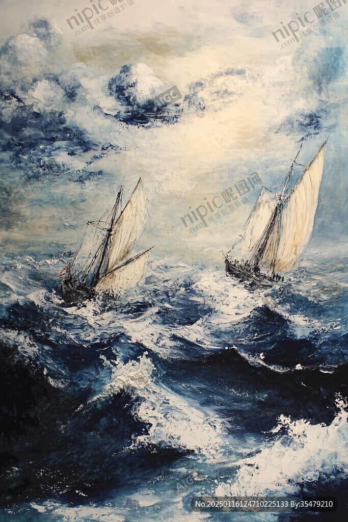 扬帆踏浪油画