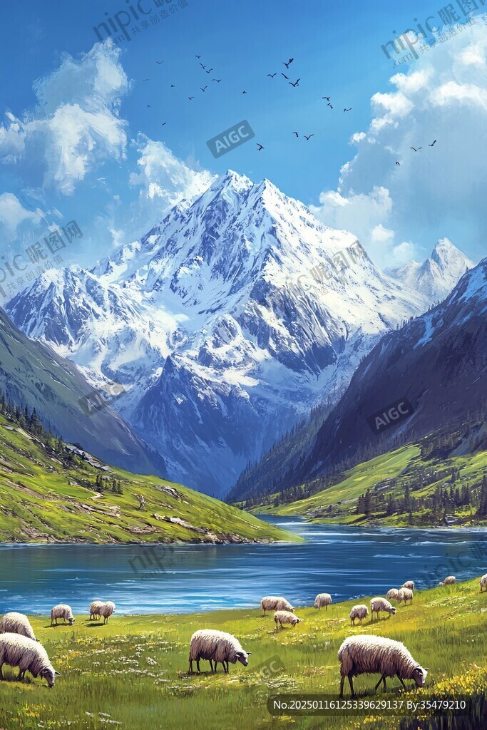 雪山草地羊群