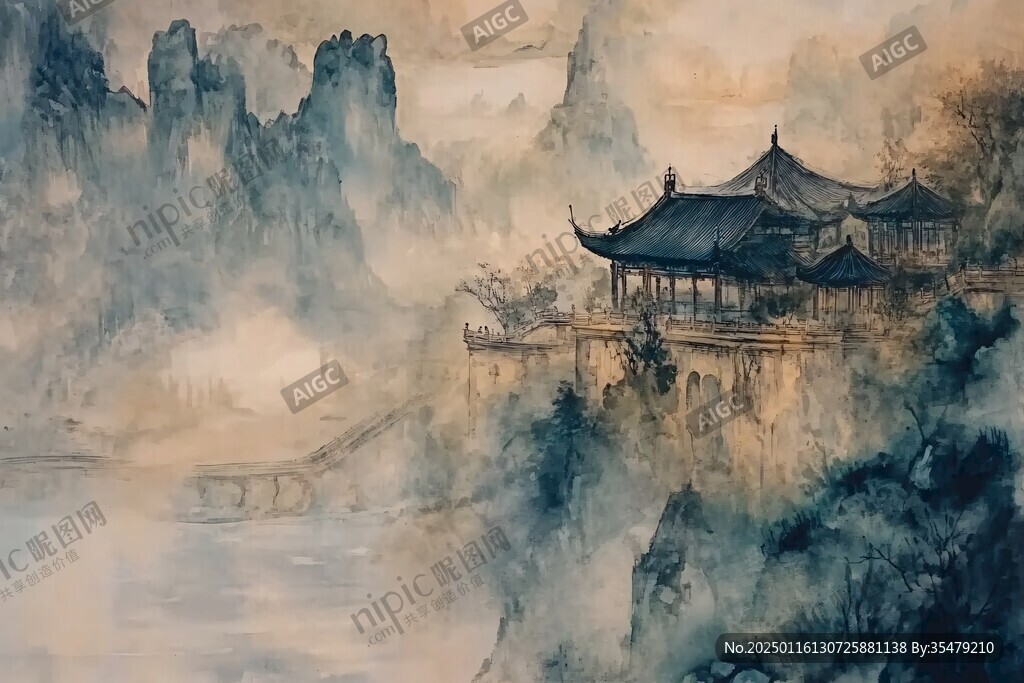 横店水彩水墨山水