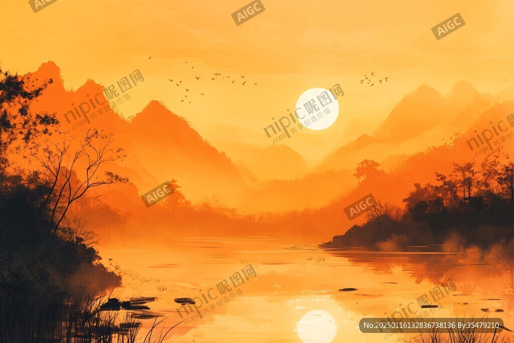 落日山水画