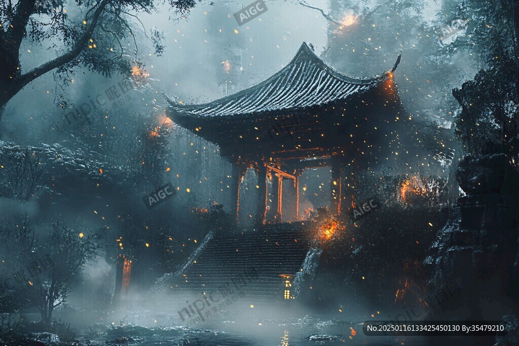 楼阁古风仙鹿仙景