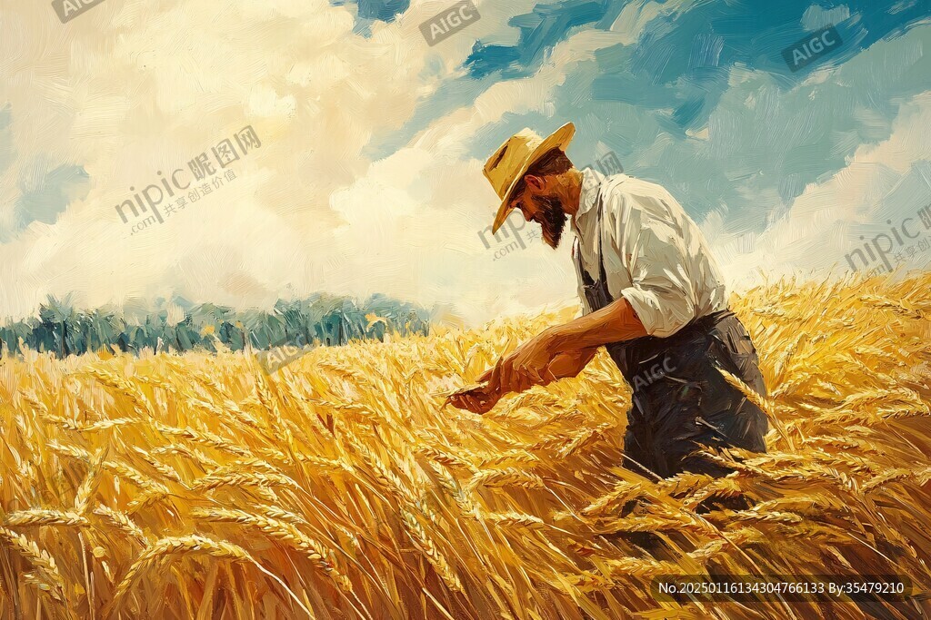 抱麦穗的农民秋收