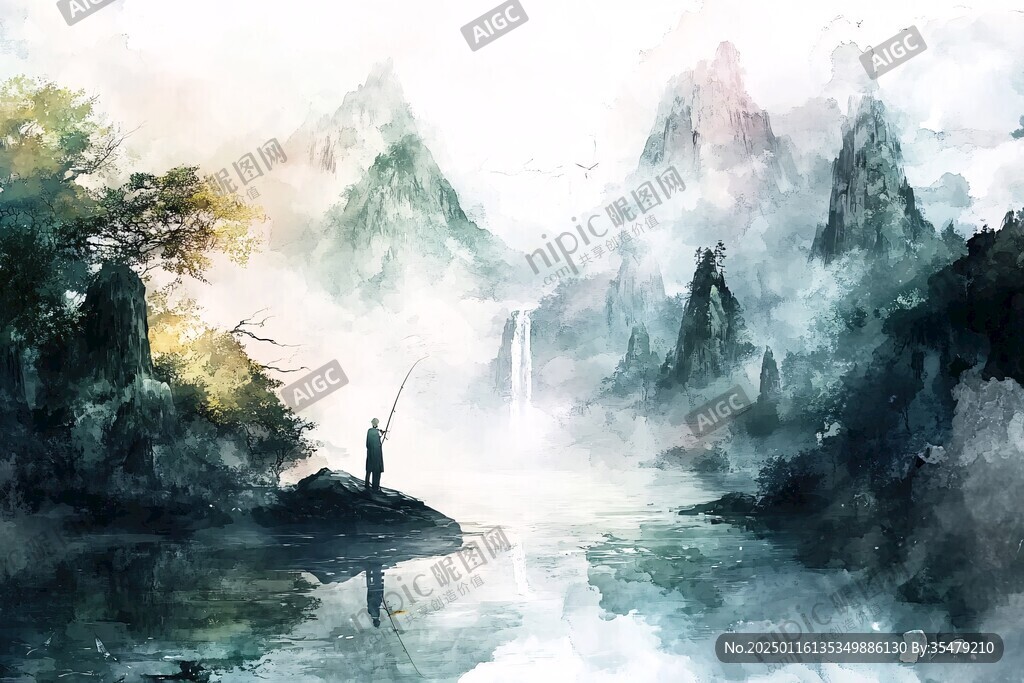 山水风光禅意水彩画