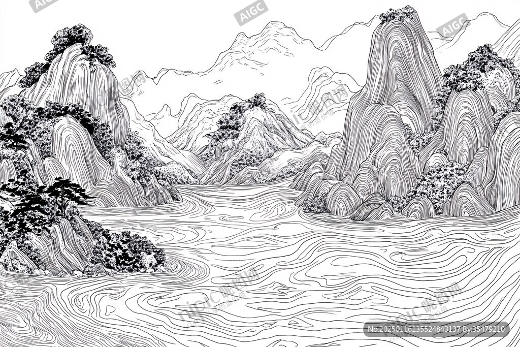 高端山水线包装插画