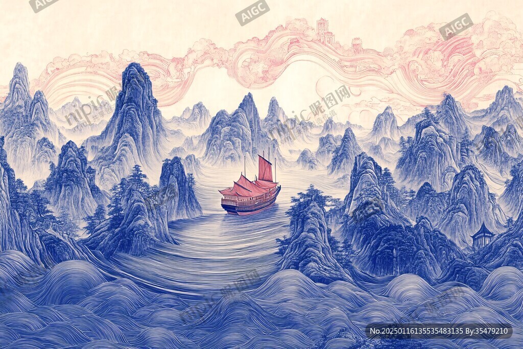 高端山水线包装插画