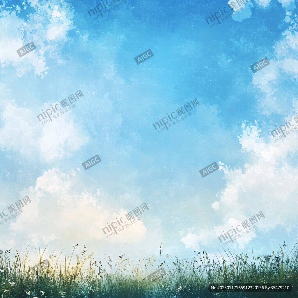 蓝天白云水彩画