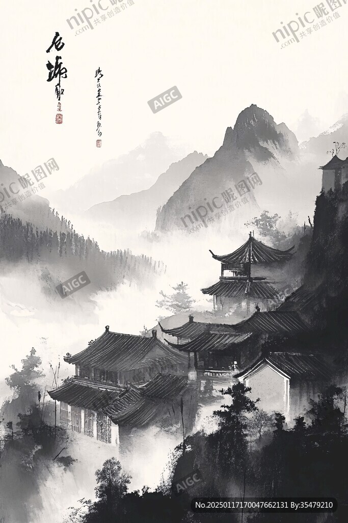 楼阁山水意境画