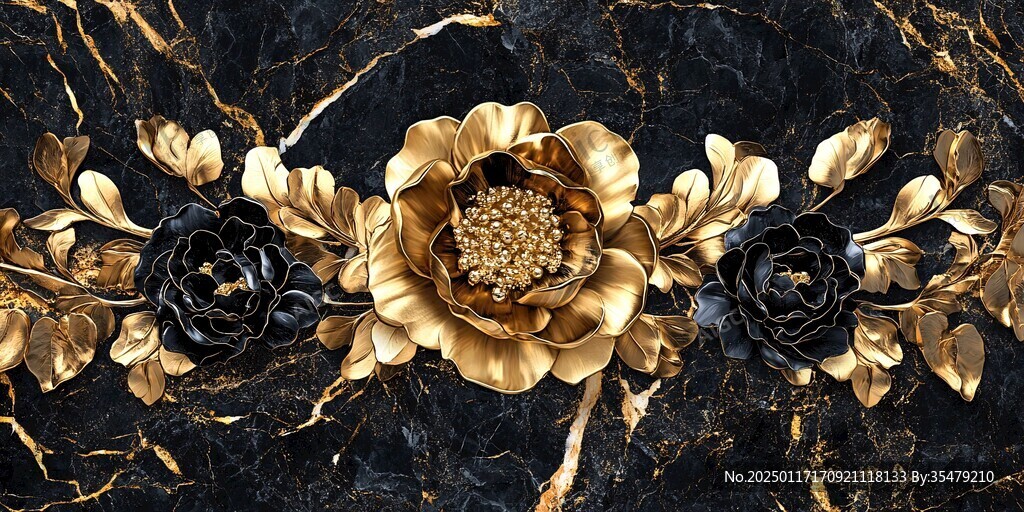 轻奢金色牡丹花线条