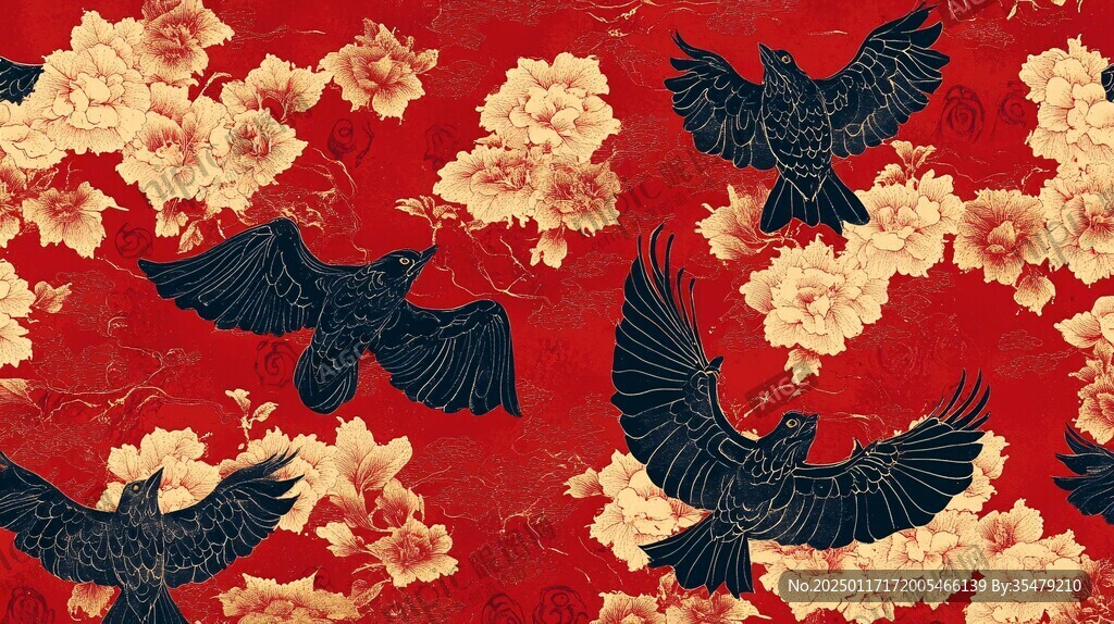 新中式手绘红色花鸟